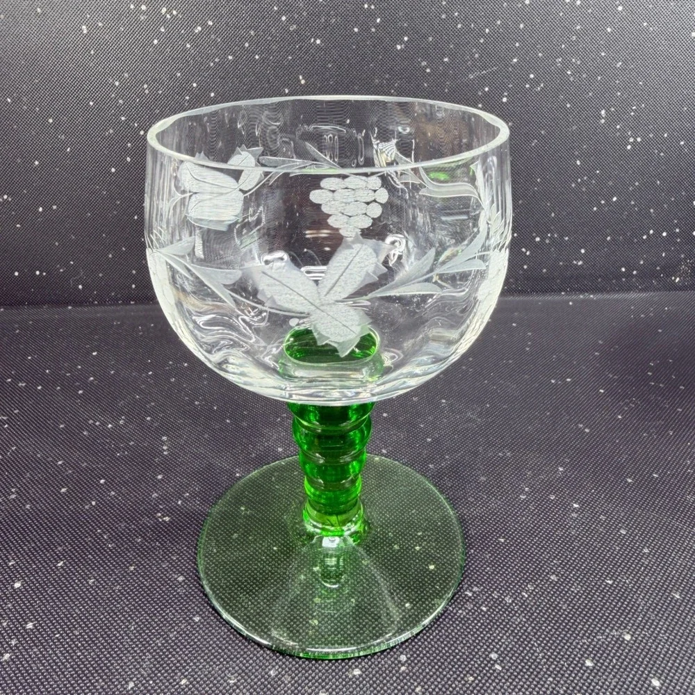 Vintage Roemer Etched Grape Wine Glasses Green Beehive Stem Set of 2 Cups VTG